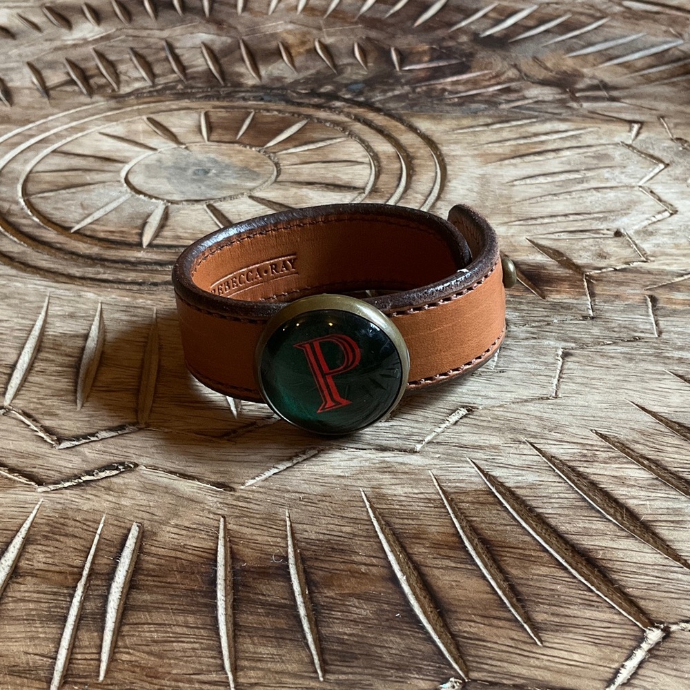 Leather Bracelet with Green Enamel Monogram 'P' - Rebecca Ray